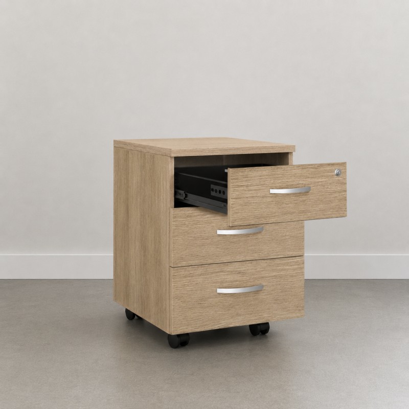 Cajonera de madera castaño Omega con cajón abierto