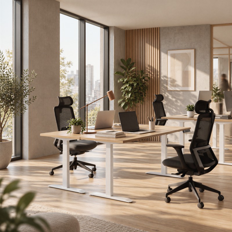 Mesa elevable en oficina compartida